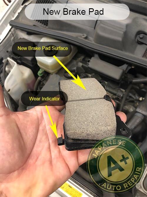 New Brake Pad - showing new brake pad surface & wear indicator - A+ Japanese Auto Repair Inc.